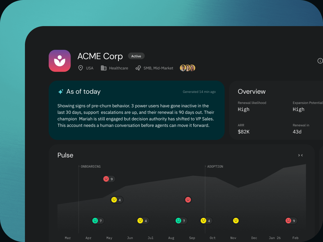 Account pulse chart with health, ARR, and renewal risk