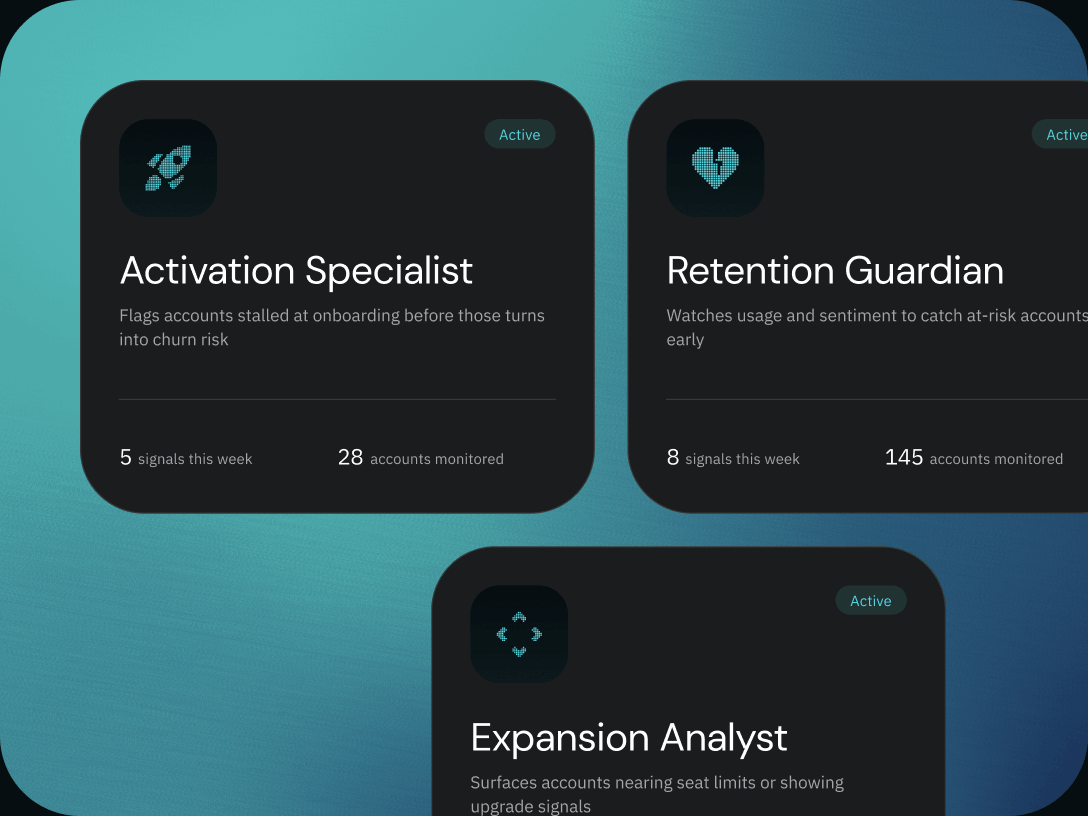 Active agent cards for Activation Specialist, Retention Guardian, and Expansion Analyst