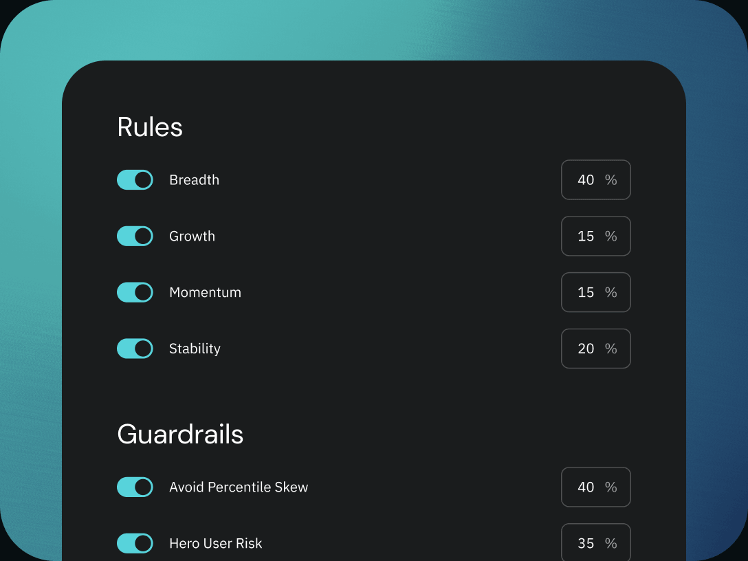 Rules and guardrails with per-metric weights and toggles