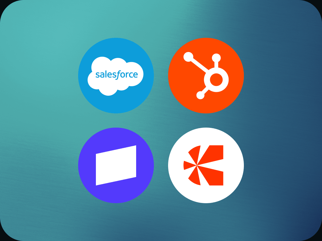 CRM logos including Salesforce, HubSpot, Stripe, and Chargebee